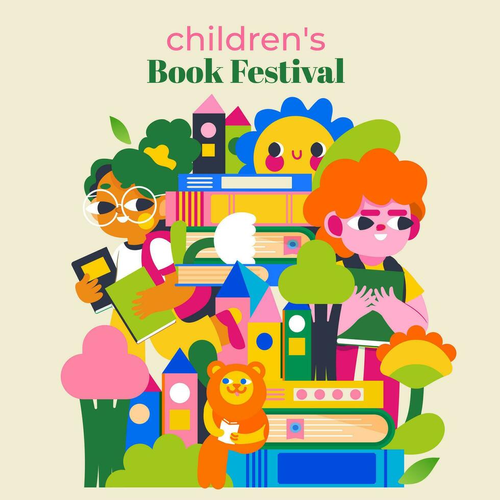 Illustration for the Children's Book Festival. Bright colors, fairy-tale characters, happy children and a world of imagination. Immerse yourself in the magical world of books. vector