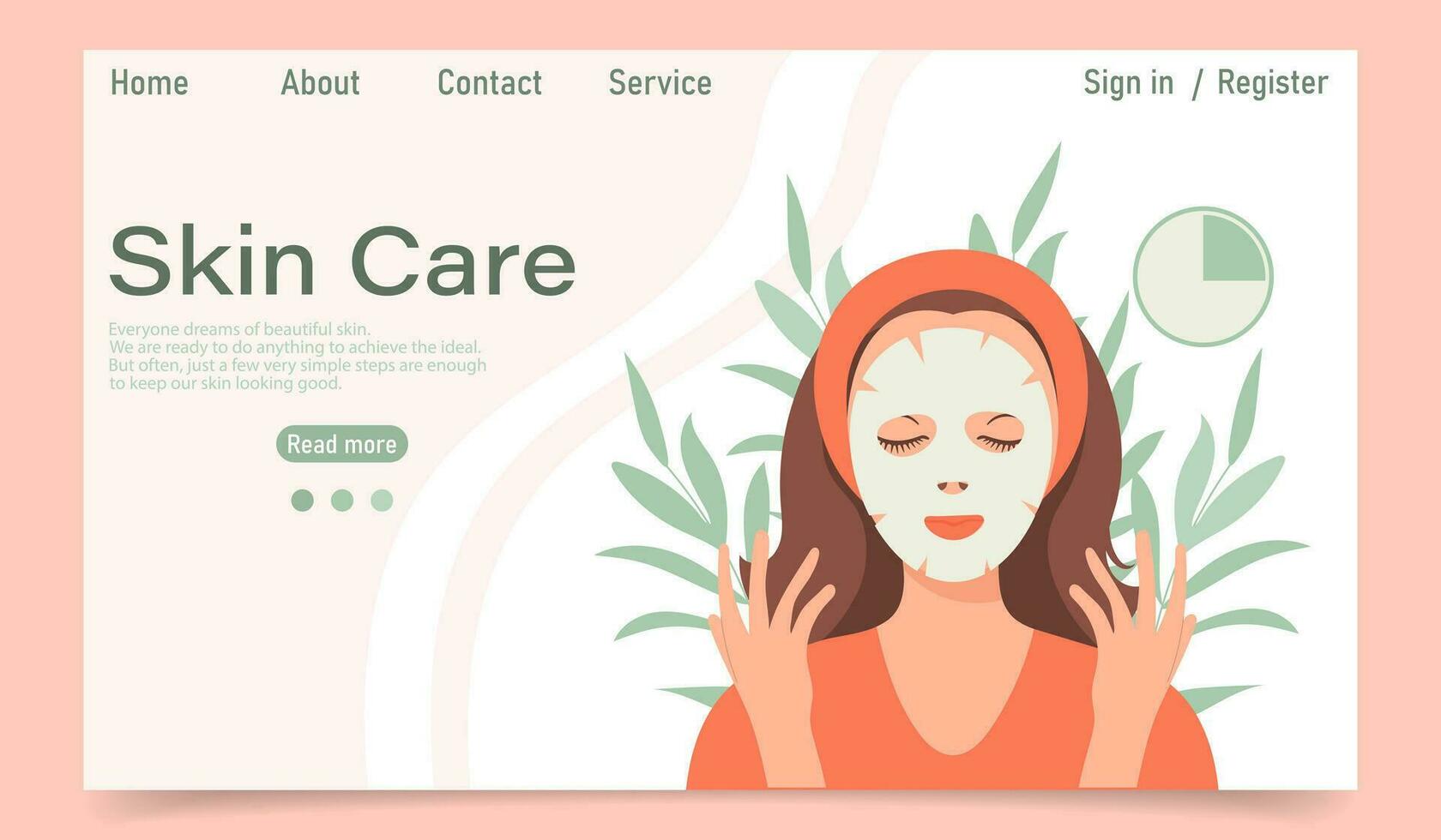 Facial skin care concept. Landing page template. A woman makes cosmetic spa procedures for her face. Eye patches, cosmetic masks, cream, massage. Illustration, vector