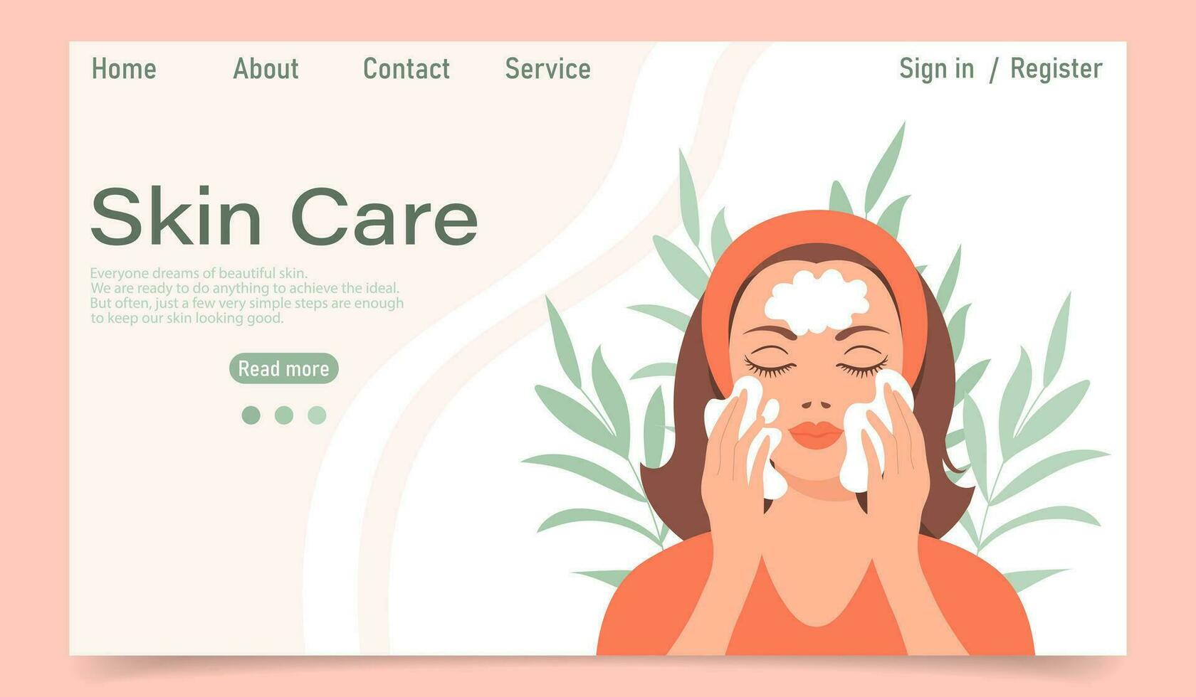 Facial skin care concept. Landing page template. A woman makes cosmetic spa procedures for her face. Eye patches, cosmetic masks, cream, massage. Illustration, vector