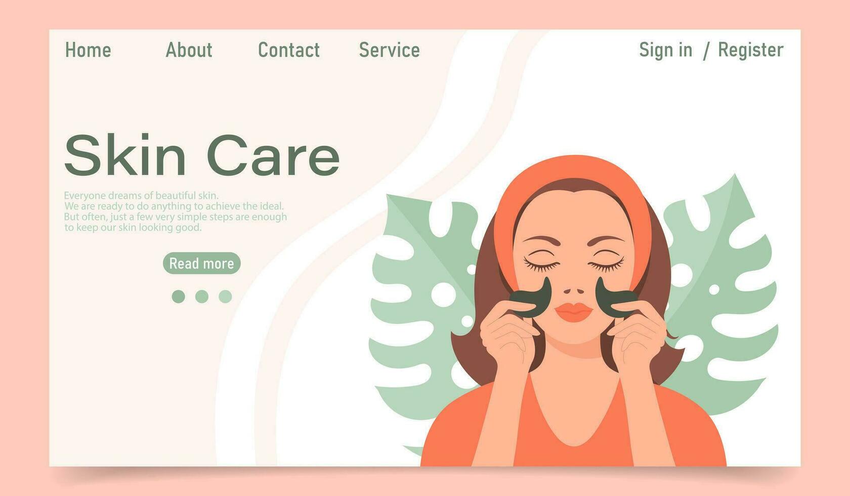 Facial skin care concept. Landing page template. A woman makes cosmetic spa procedures for her face. Eye patches, cosmetic masks, cream, massage. Illustration, vector