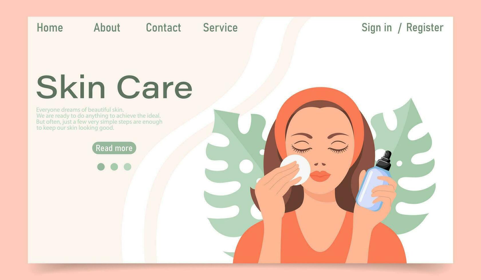 Facial skin care concept. Landing page template. A woman makes cosmetic spa procedures for her face. Eye patches, cosmetic masks, cream, massage. Illustration, vector