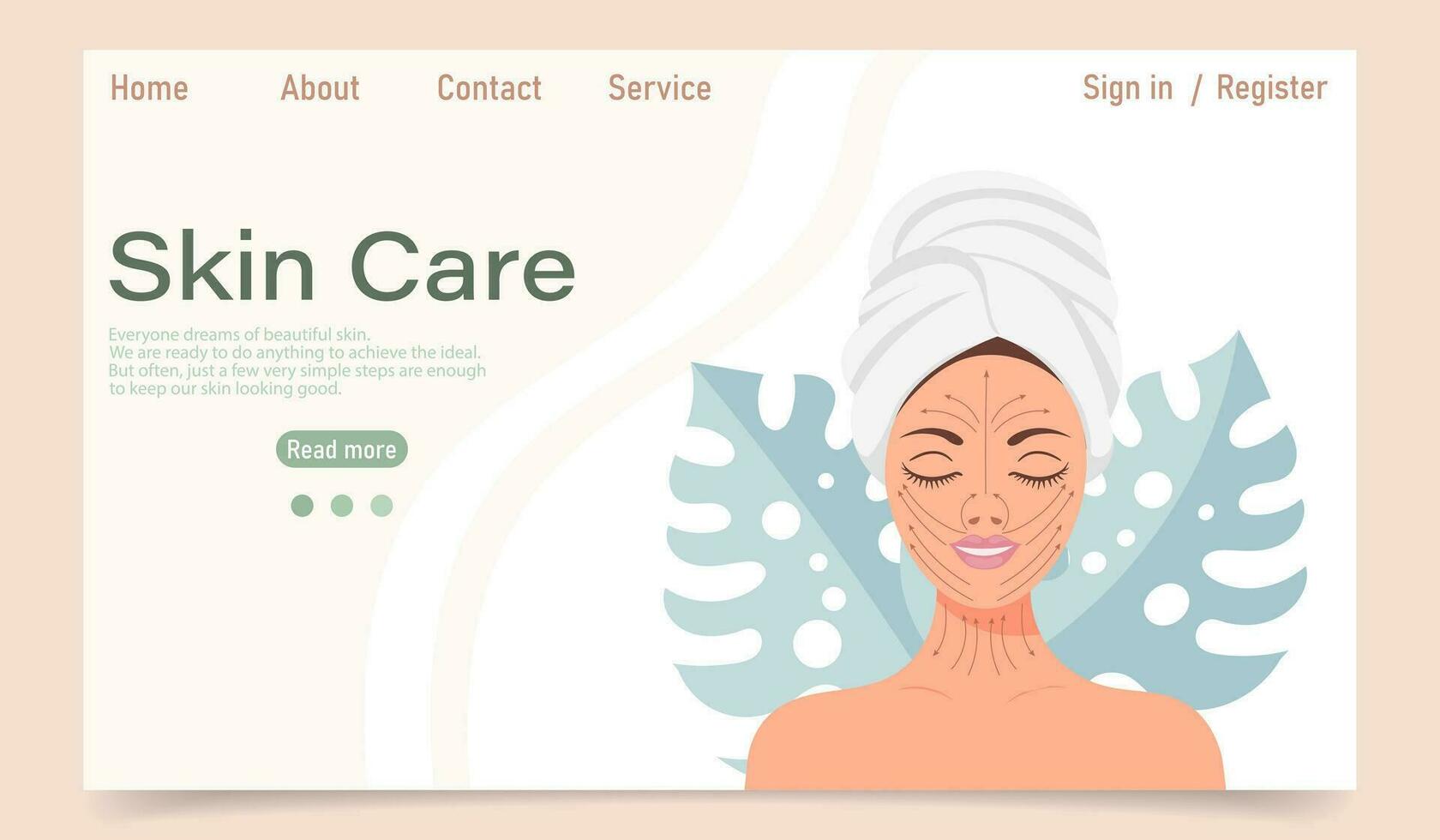 Facial skin care concept. Landing page template. A woman makes cosmetic spa procedures for her face. Eye patches, cosmetic masks, cream, massage. Illustration, vector