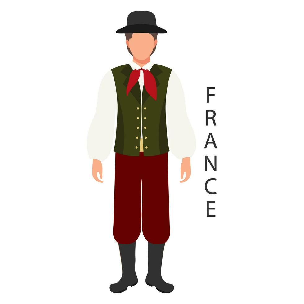 A man in a French national traditional costume. Culture and retro traditions of France. Illustration, template, vector