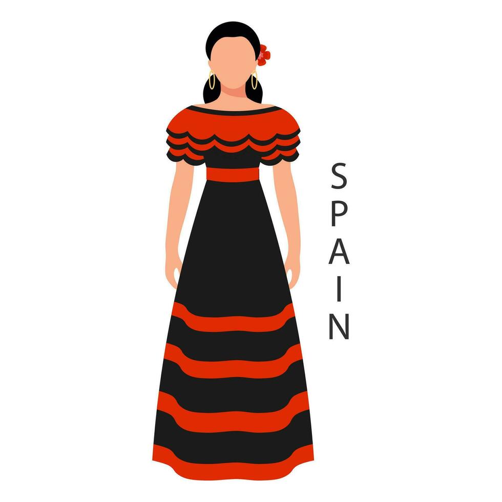 Woman in Spanish national traditional dress. Culture and retro traditions of Spain. Illustration, template, vector