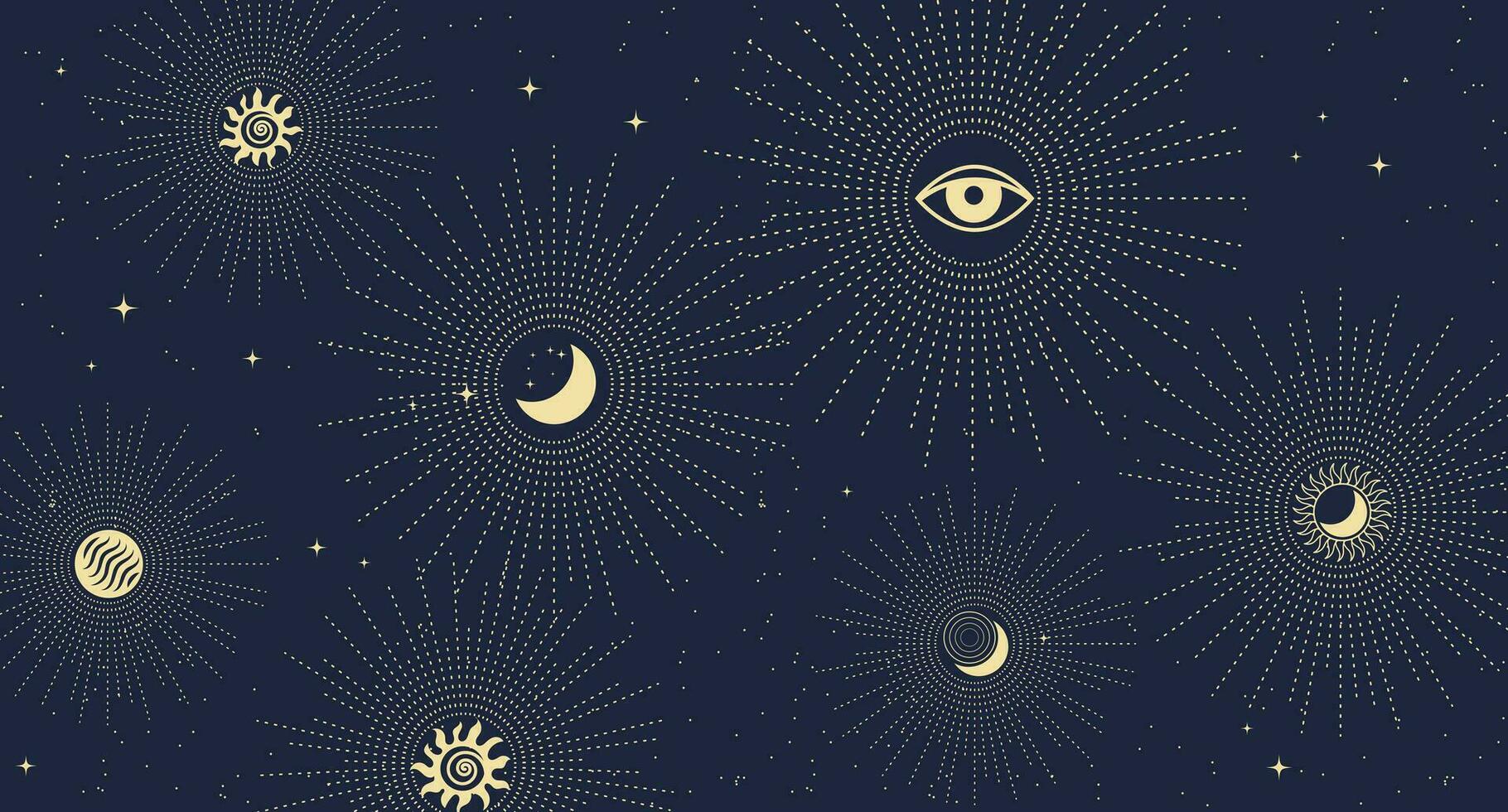 Astrological background in boho style, golden mystical esoteric symbols of the moon, sun, stars on a dark background. Print, astronomical background. Vector