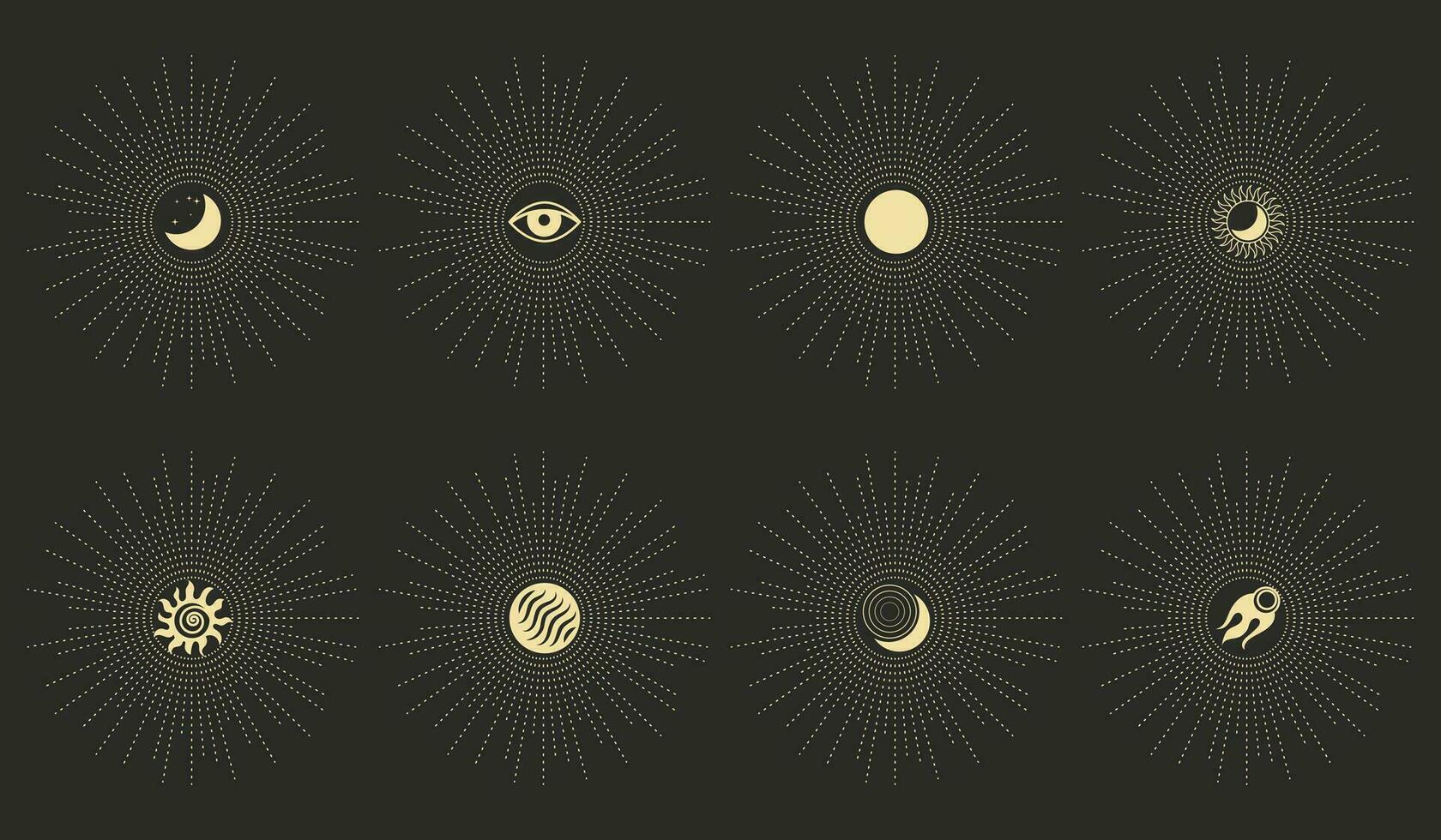 Set of astrological mystical esoteric symbols of the moon, sun, stars in boho style on a dark background. Print, design elements. Vector