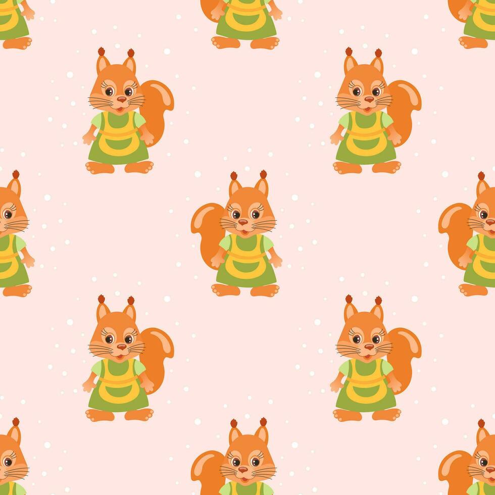 Seamless pattern, cute cartoon squirrel character wearing a housewife apron. Children's print, background, textile. Vector