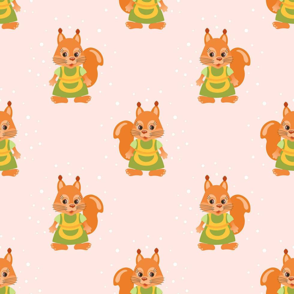 Seamless pattern, cute cartoon squirrel character wearing a housewife apron. Children's print, background, textile. Vector