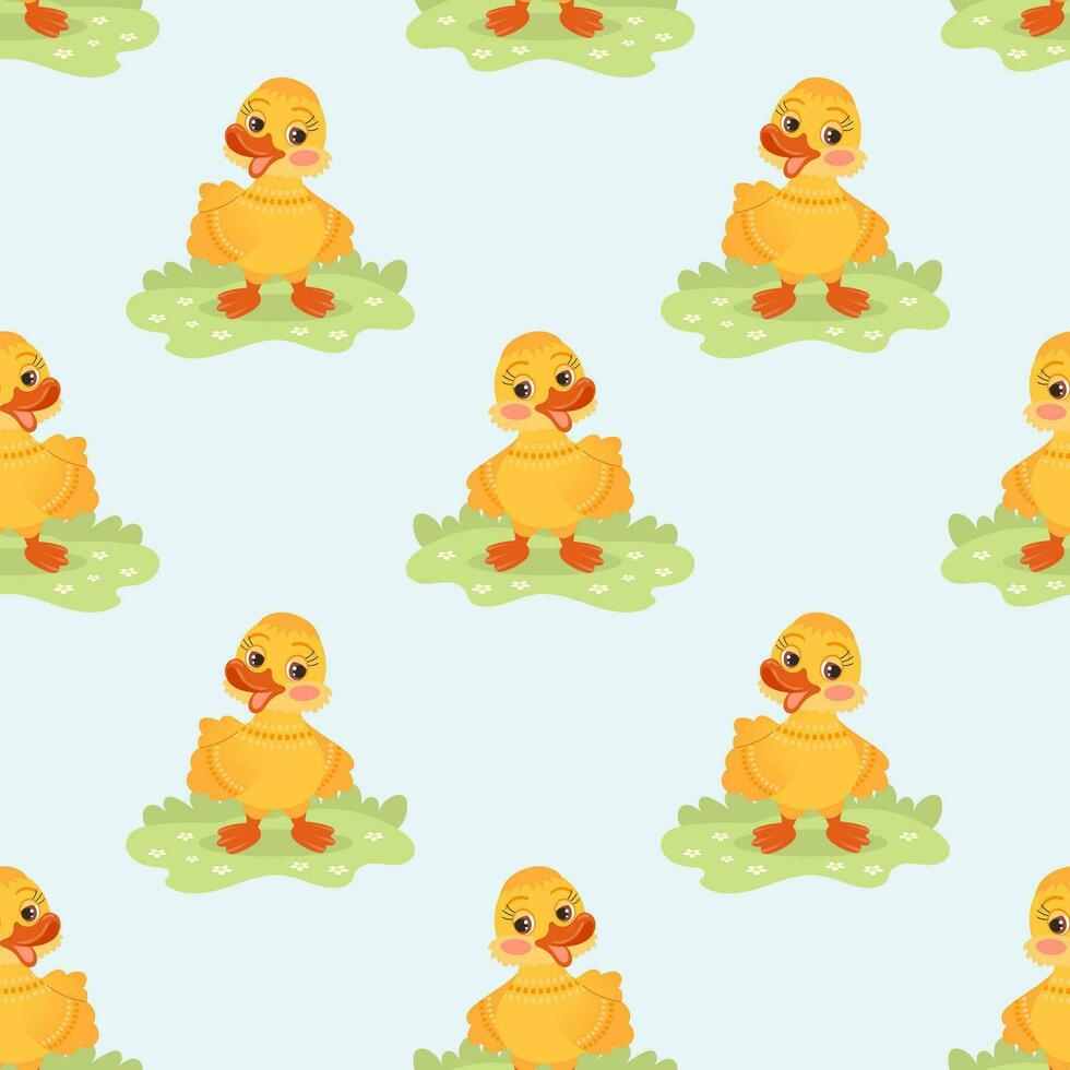 Seamless pattern, cute cartoon little duckling, goose character in the meadow. Children's print, background, textile. Vector