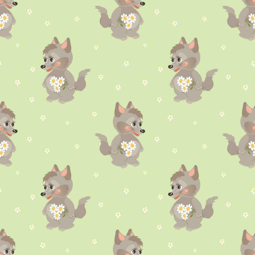 Seamless pattern, cute cartoon wolf cub with a bouquet of flowers. Children's print, background, textile. Vector