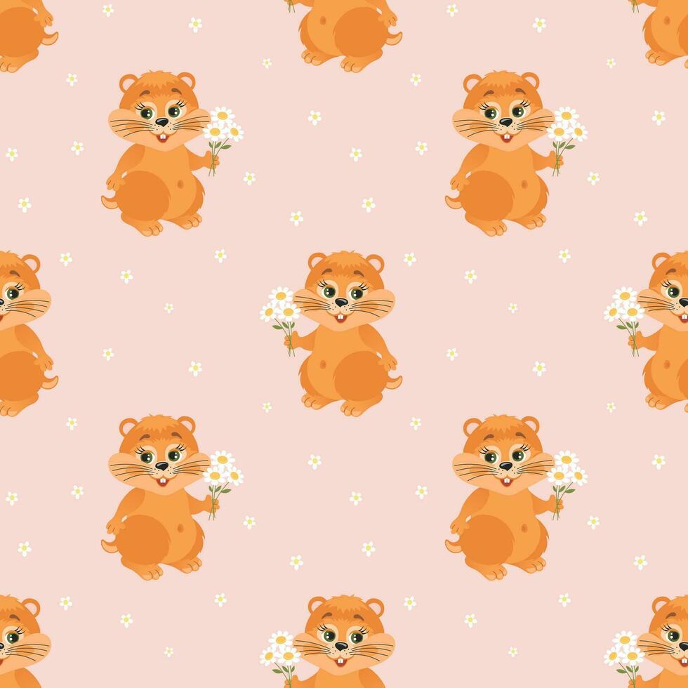 Seamless pattern, cute cartoon chipmunk, hamster with a bouquet of flowers. Children's print, background, textile. Vector