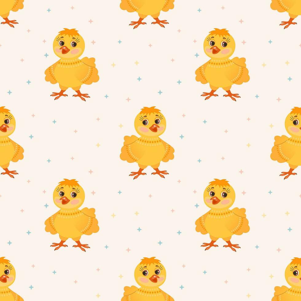 Seamless pattern, cute cartoon little chicken on a pink background. Children's print, background, textile. Vector