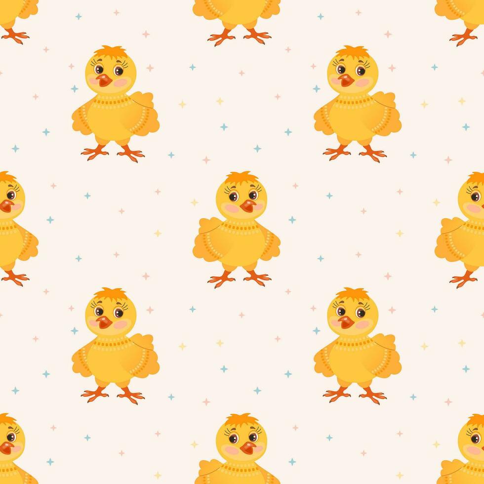 Seamless pattern, cute cartoon little chicken on a pink background. Children's print, background, textile. Vector