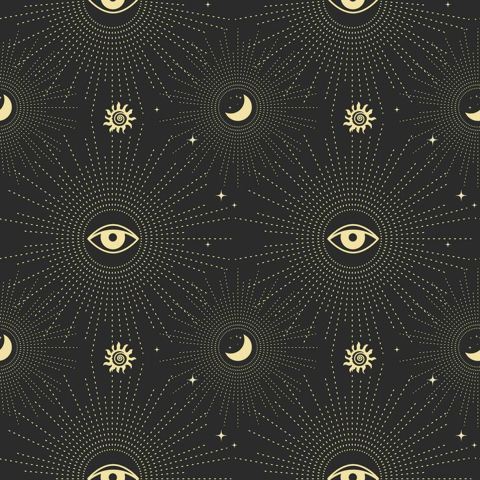Seamless astrological pattern in boho style, golden mystical esoteric symbols of the moon, sun, stars on a dark background. Print, astronomical background. Vector