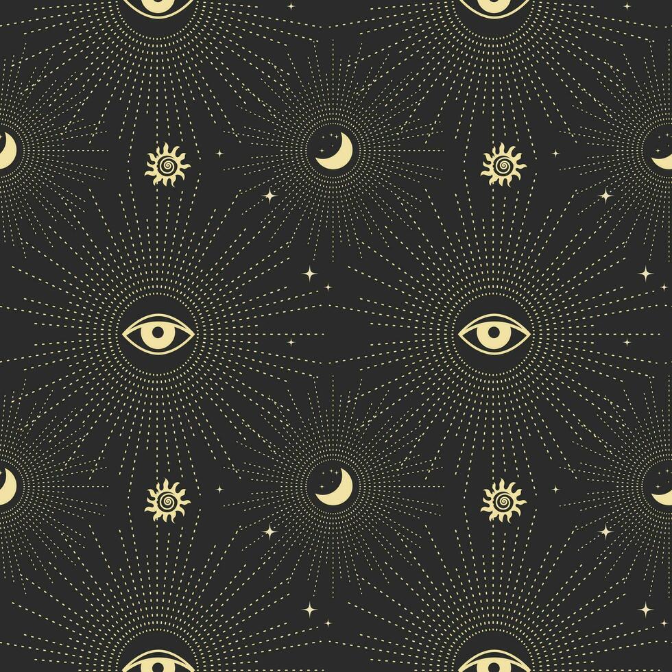 Seamless astrological pattern in boho style, golden mystical esoteric symbols of the moon, sun, stars on a dark background. Print, astronomical background. Vector