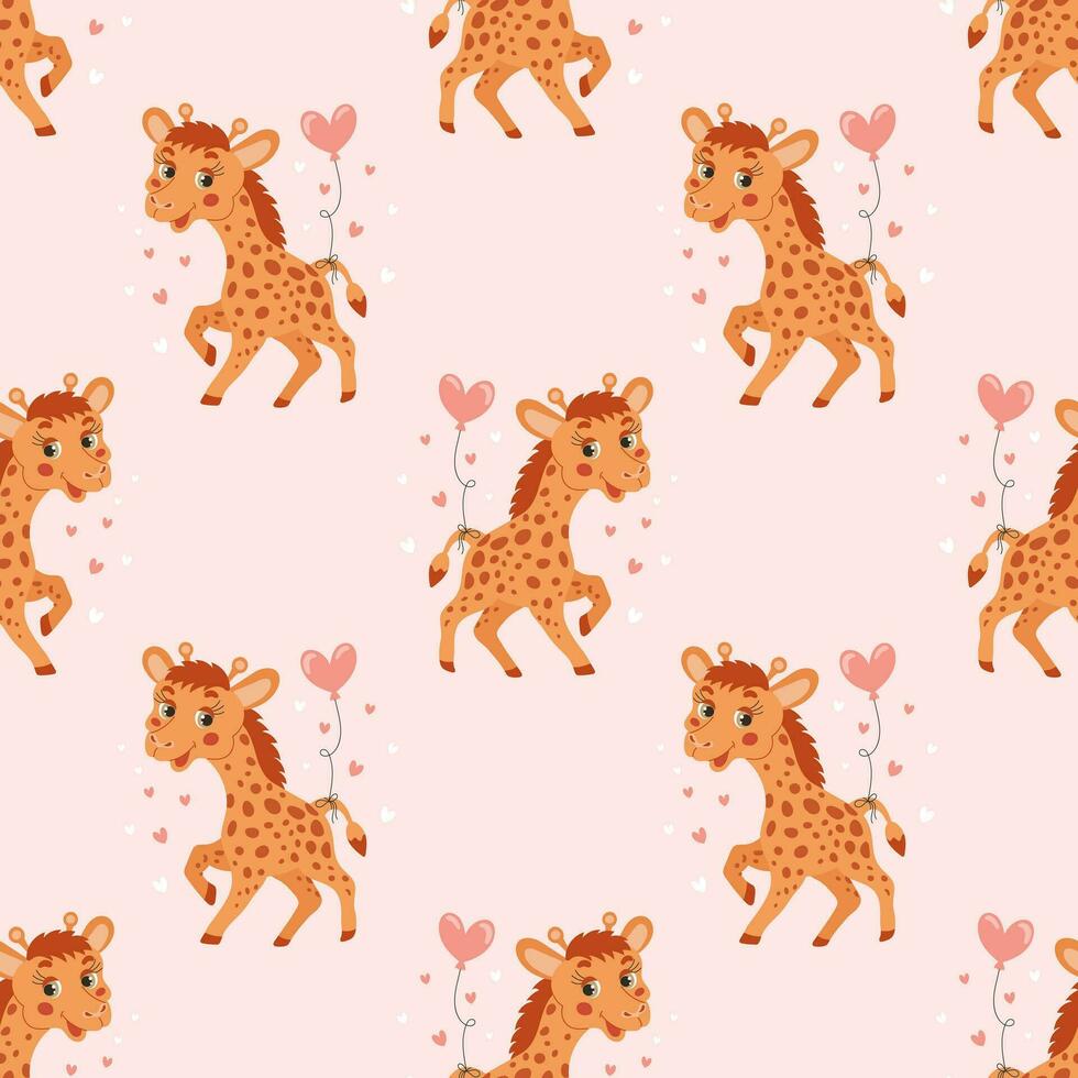 Seamless pattern, cute cartoon little giraffe with balloon and hearts. Children's print, background, textile. Vector