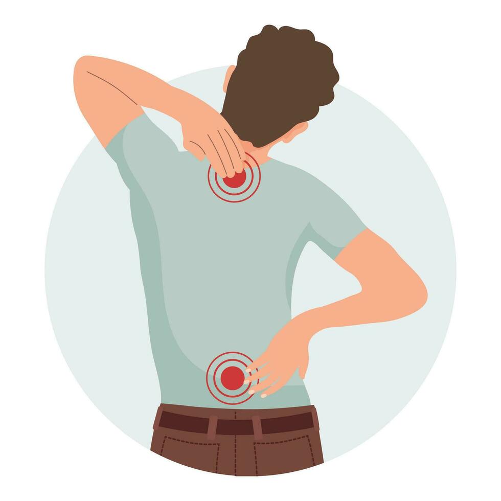 A man with pain in the cervical and lumbar vertebrae. Back pain, muscle pain, osteoarthritis, rheumatoid arthritis. Medicine. Illustration, vector