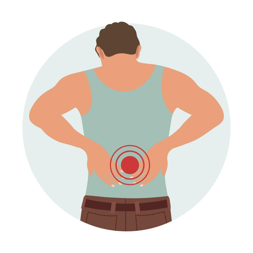 A man with pain in the cervical and lumbar vertebrae. Back pain, muscle pain, osteoarthritis, rheumatoid arthritis. Medicine. Illustration, vector