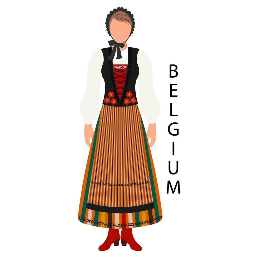 Woman in Belgian folk costume and headdress. Culture and traditions of Belgium. Illustration, vector