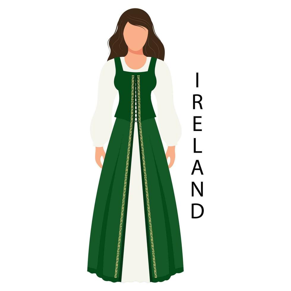 Woman in Irish folk costume. Culture and traditions of Ireland. Illustration, vector