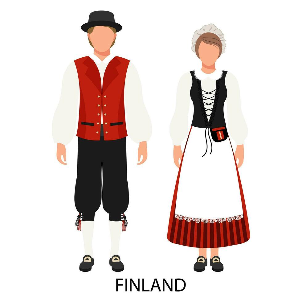 A couple of a man and a woman in Finnish folk costumes. Culture and traditions of Finland and Scandinavia. Illustration, vector