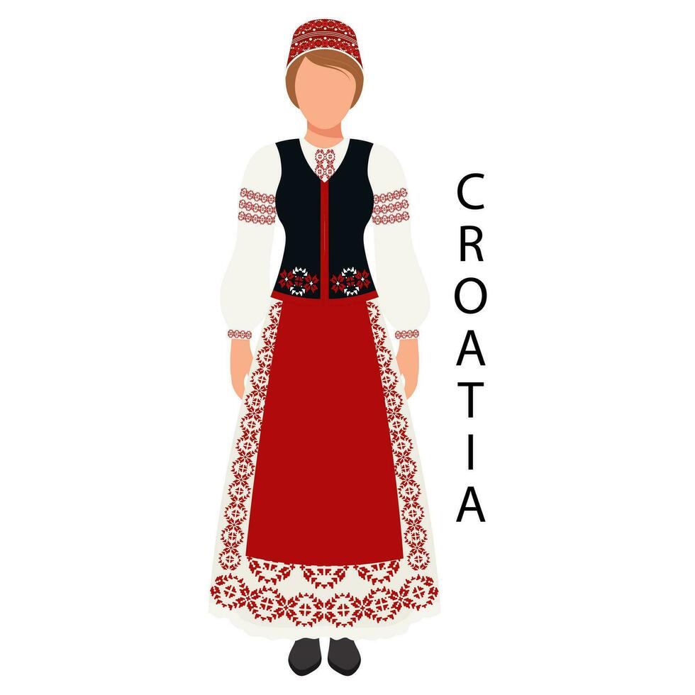 Woman in Croatian folk costume and headdress. Culture and traditions of Croatia. Illustration, vector