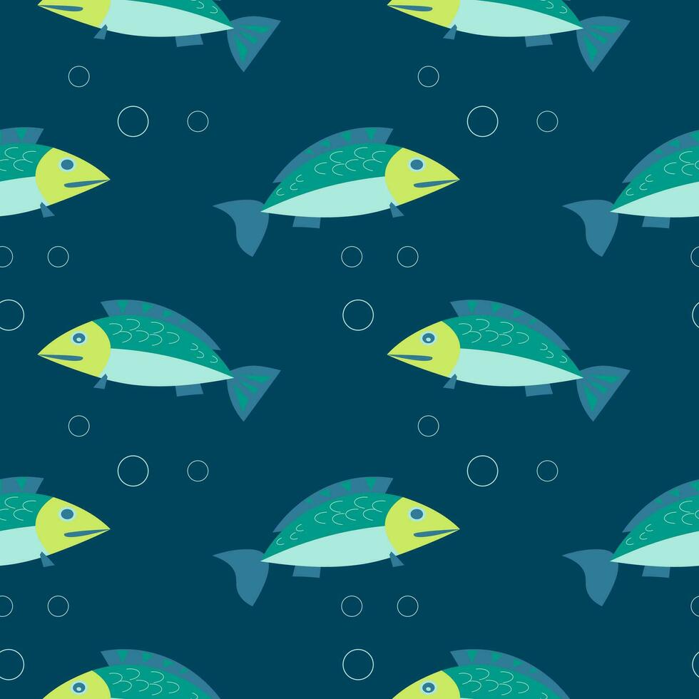 Seamless pattern, cute cartoon fish on a blue water background with bubbles. Print, background, vector
