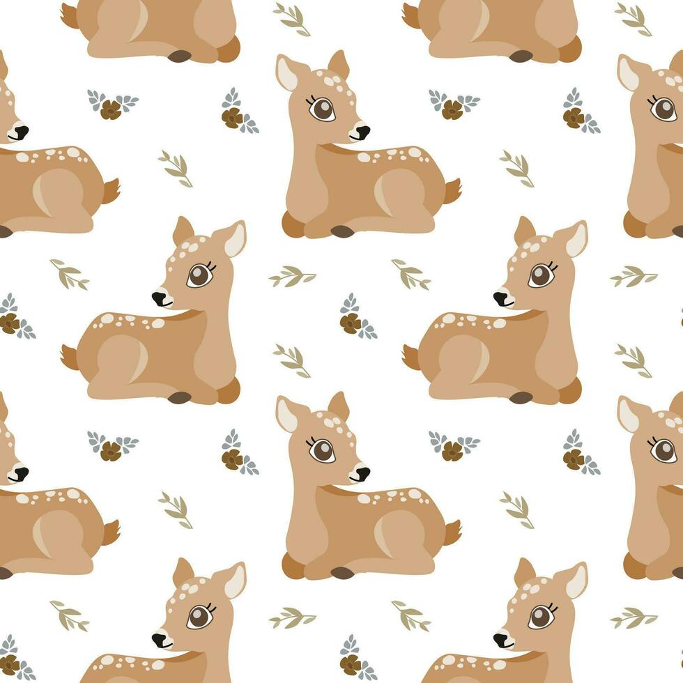 Seamless pattern, cute little deer on a background with flowers. Kawaii forest animals, background, vector