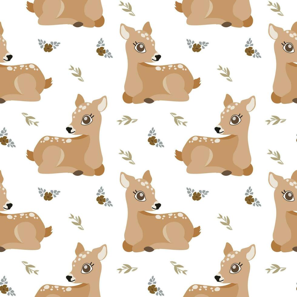 Seamless pattern, cute little deer on a background with flowers. Kawaii forest animals, background, vector