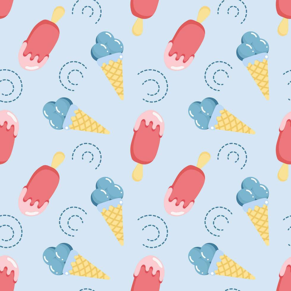 Seamless pattern, ice cream on sticks and waffle ice cream. Sweet food background, print, vector