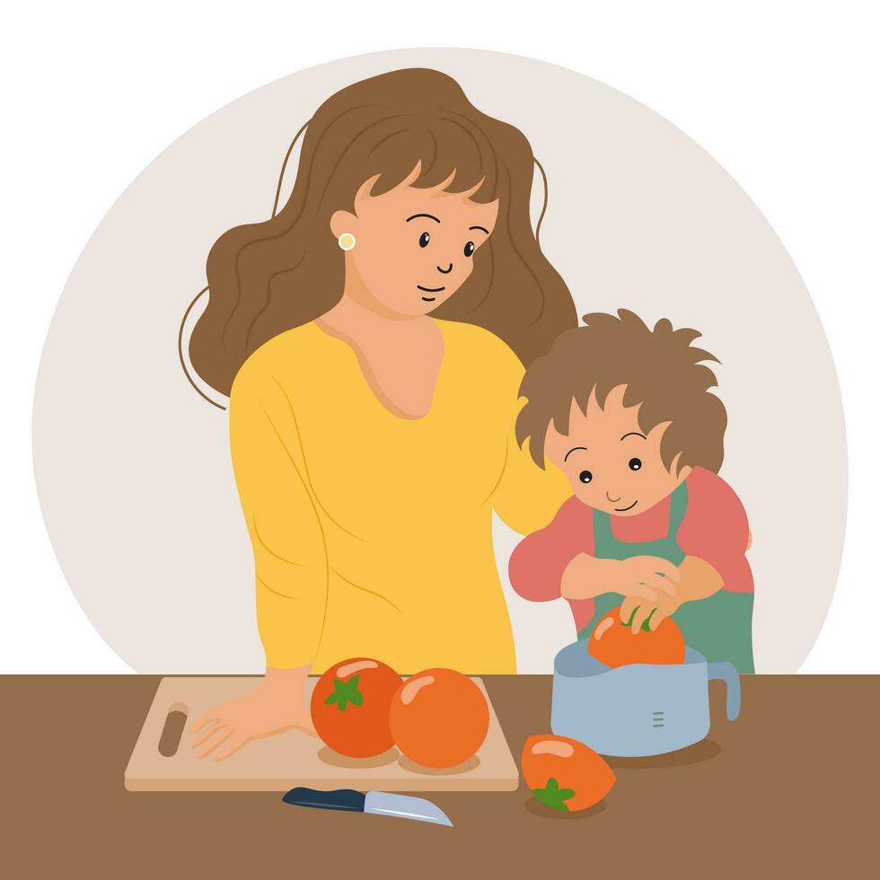 A woman and a child are making juice in the kitchen. Mother and son. Illustration. Vector