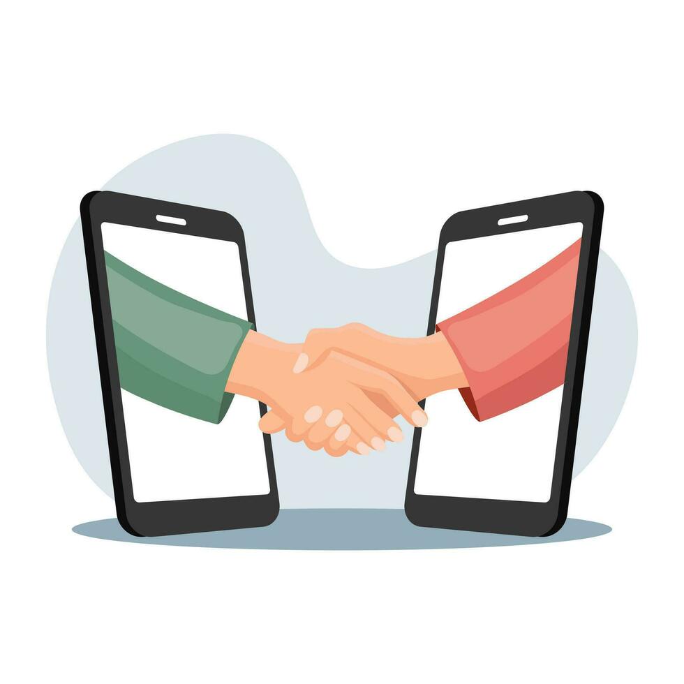 Business people shaking hands on smartphones. Business concept. Banner template. Vector. vector