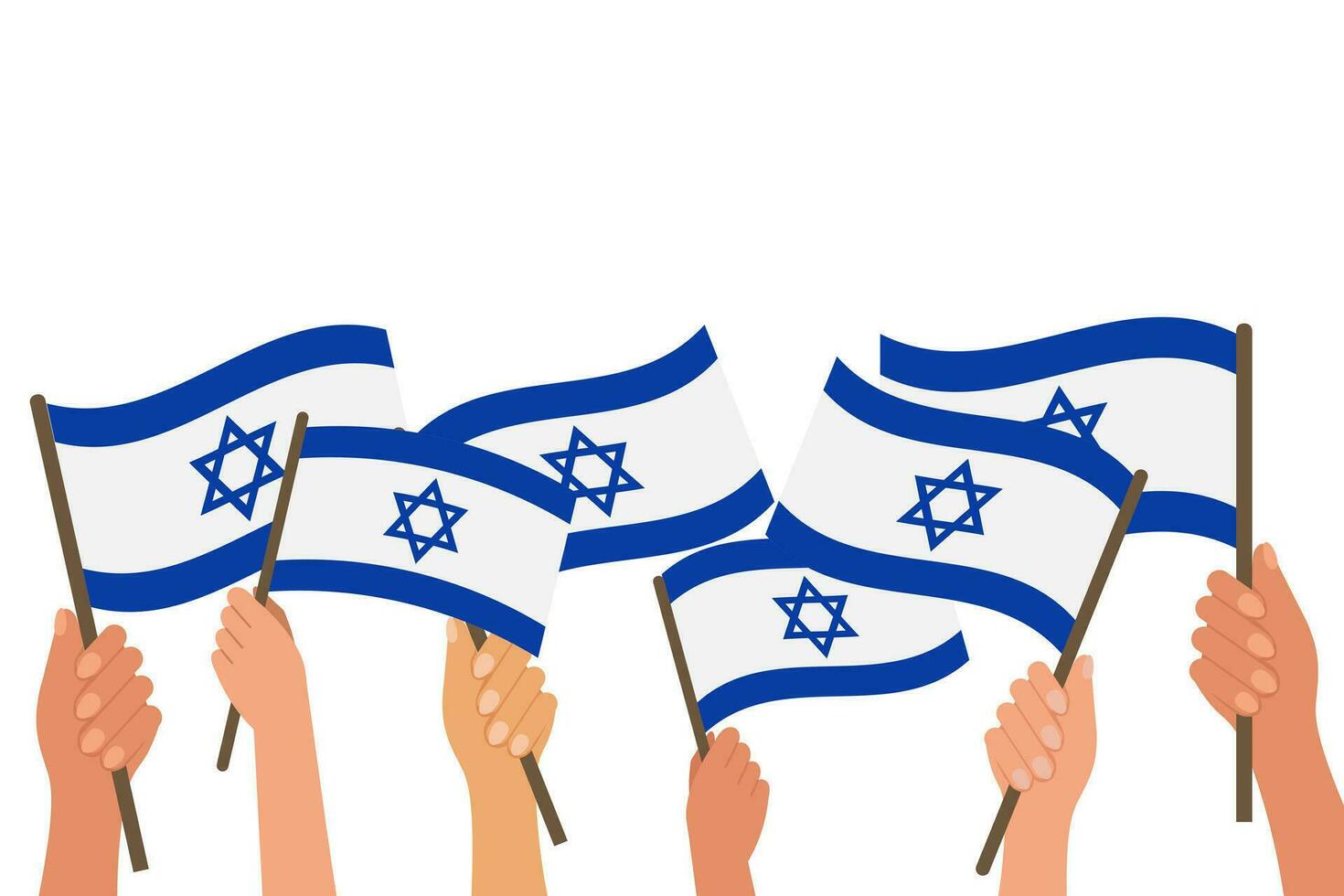 Many hands with Israeli flags. Israel Independence Day. Illustration, vector