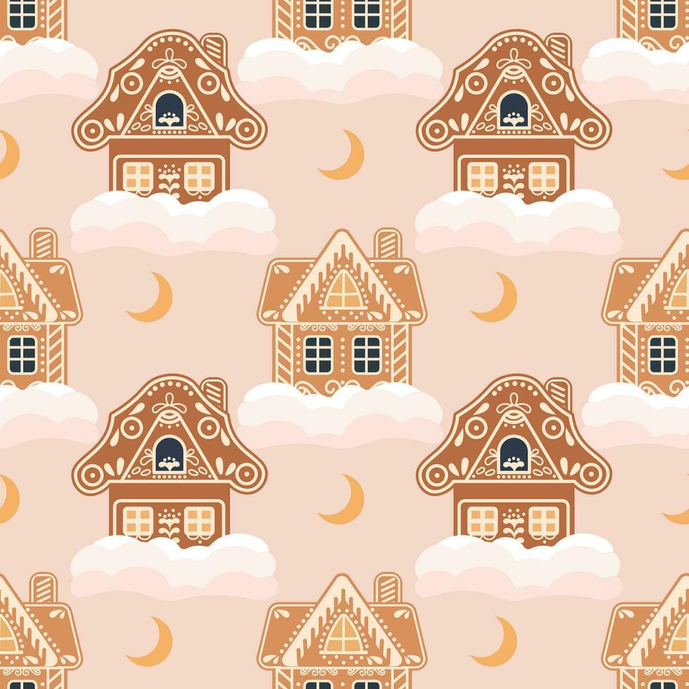 Christmas seamless pattern of gingerbread houses with snow and moon. Festive background in flat cartoon style. Vector