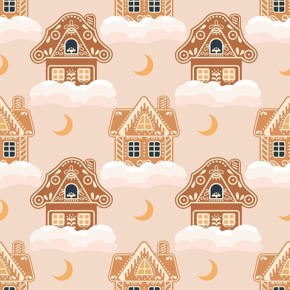 Navidad sin costura modelo de pan de jengibre casas con nieve y Luna. festivo antecedentes en plano dibujos animados estilo. vector