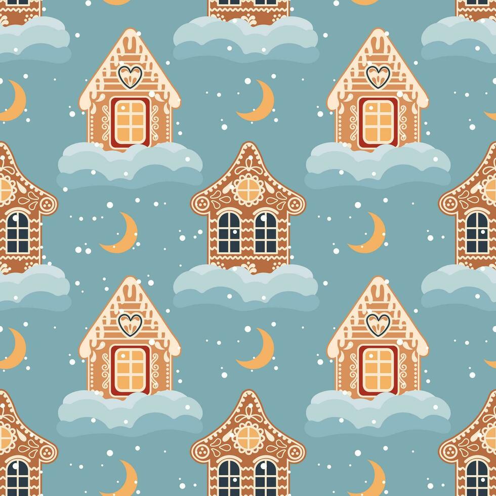 Navidad sin costura modelo de pan de jengibre casas con nieve y Luna. festivo antecedentes en plano dibujos animados estilo. vector