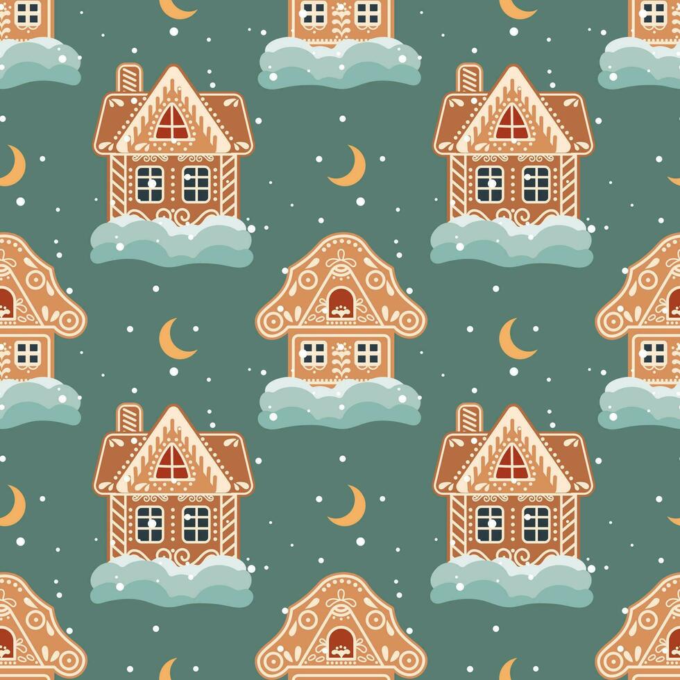 Christmas seamless pattern of gingerbread houses with snow and moon. Festive background in flat cartoon style. Vector
