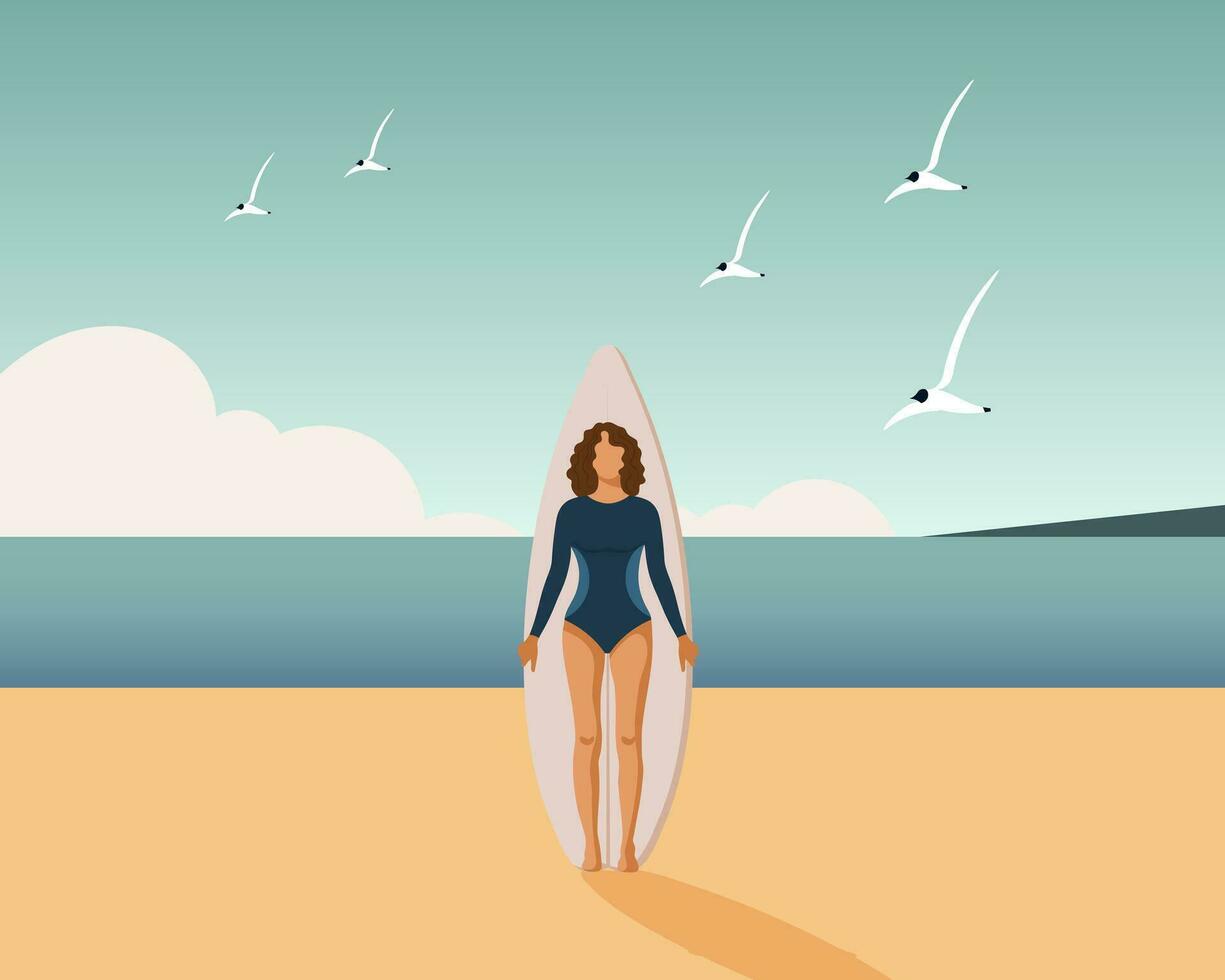 Girl surfer on the seashore with a surfboard on the seashore. Sports and recreation. Illustration, vector
