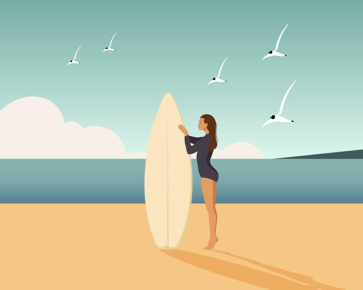 Girl surfer on the seashore with a surfboard on the seashore. Sports and recreation. Illustration, vector