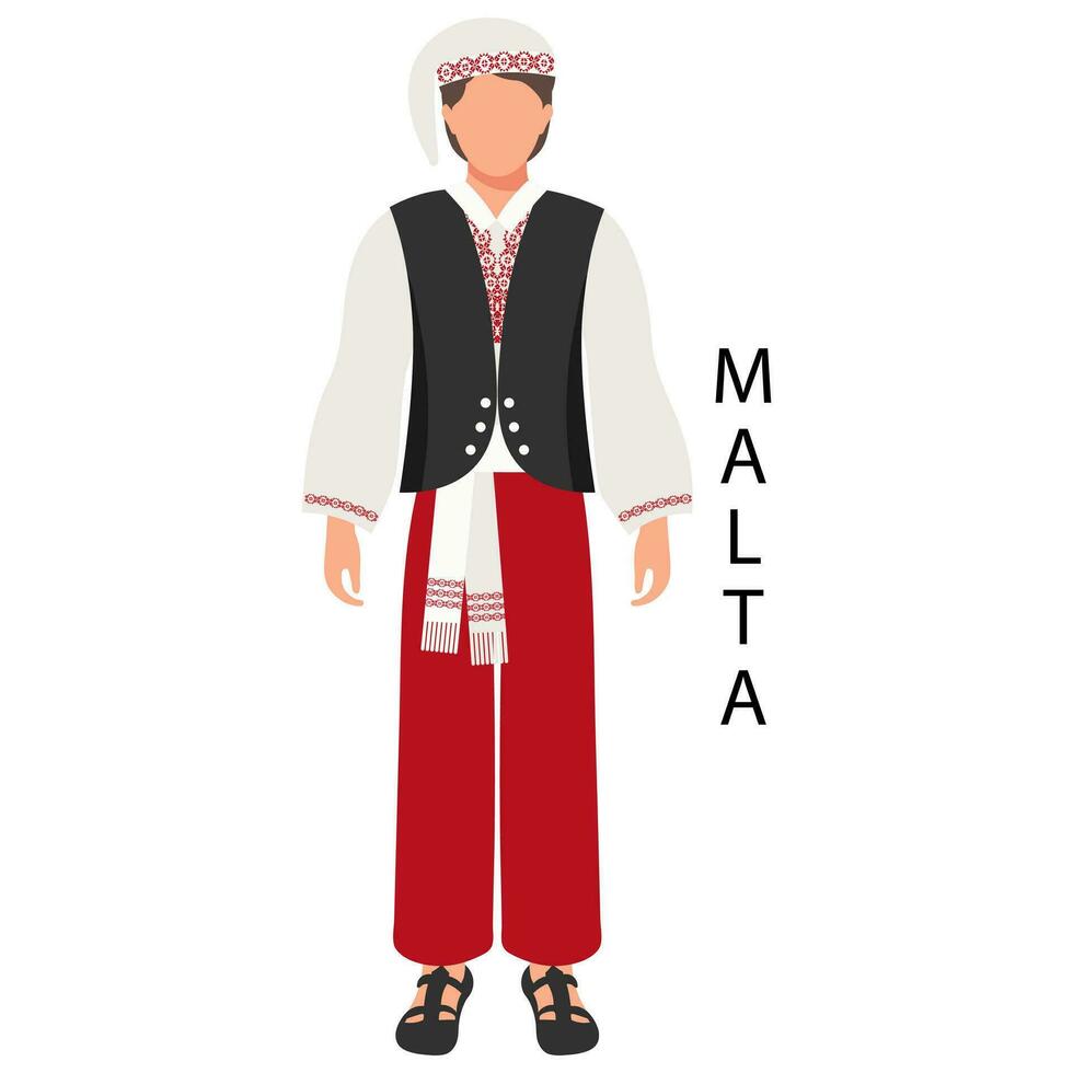 A man in Maltese folk costume. Ethnic culture and traditions of Malta. Illustration, vector