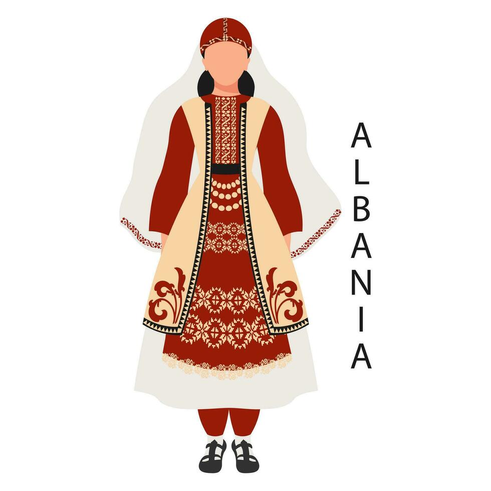 mujer en albanés gente traje. étnico cultura y tradiciones de albania ilustración, vector