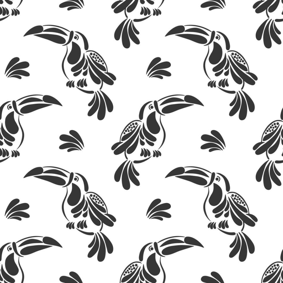 Seamless pattern, stylized tropical birds toucans on a white background. Black and white print, background, textile. Vector