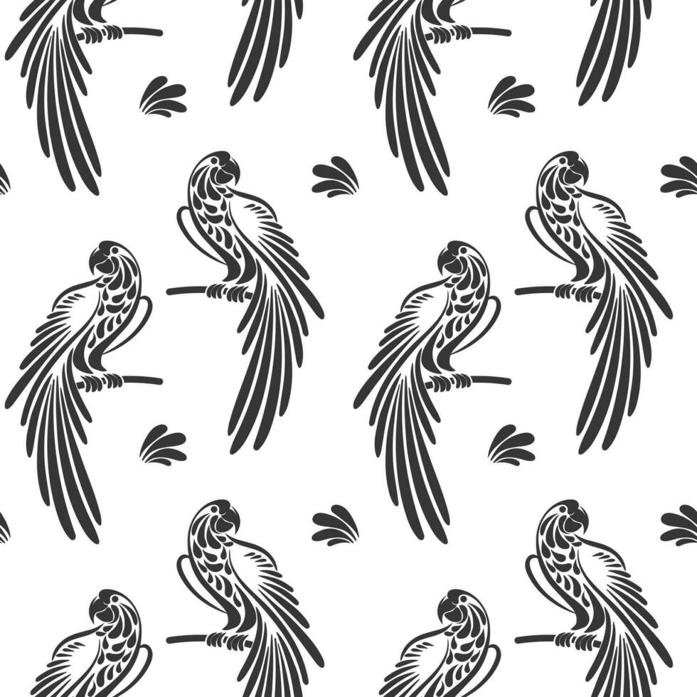 Seamless pattern, stylized tropical birds parrots on a white background. Black and white print, background, textile. Vector