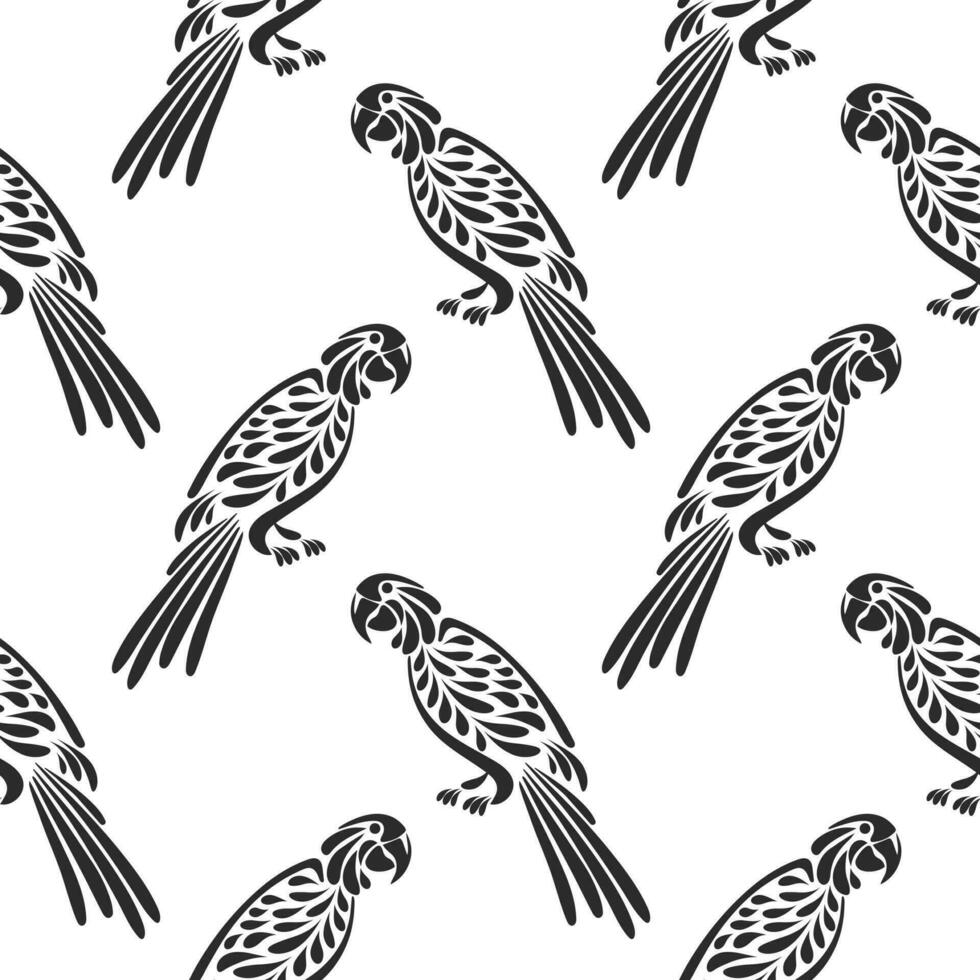 Seamless pattern, stylized tropical birds parrots on a white background. Black and white print, background, textile. Vector