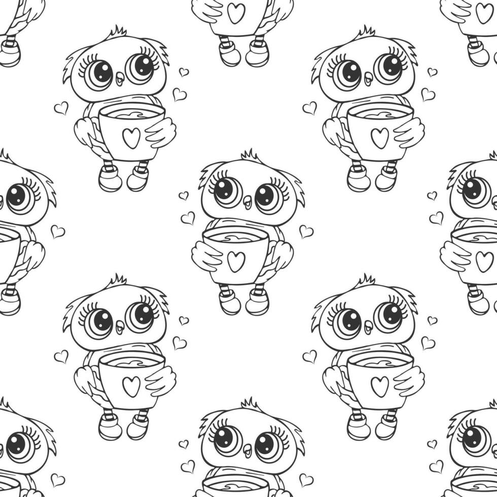 Seamless pattern, cute owl character, owl chick. Outline drawing, sketch. Black and white print, background, textile. Vector