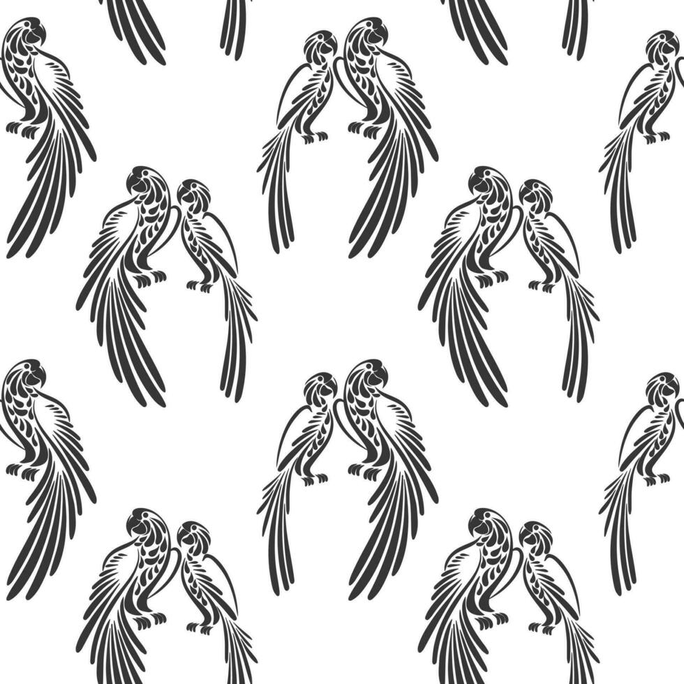 Seamless pattern, stylized tropical birds parrots on a white background. Black and white print, background, textile. Vector