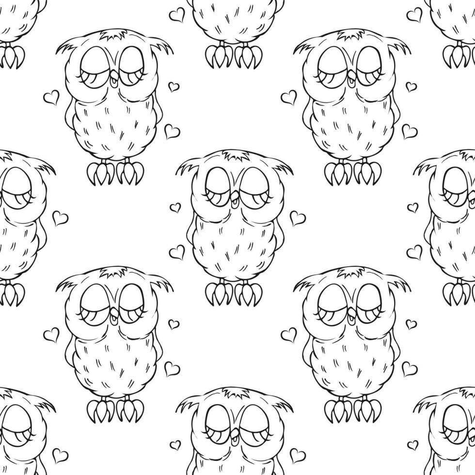 Seamless pattern, cute owl character, owl chick. Outline drawing, sketch. Black and white print, background, textile. Vector