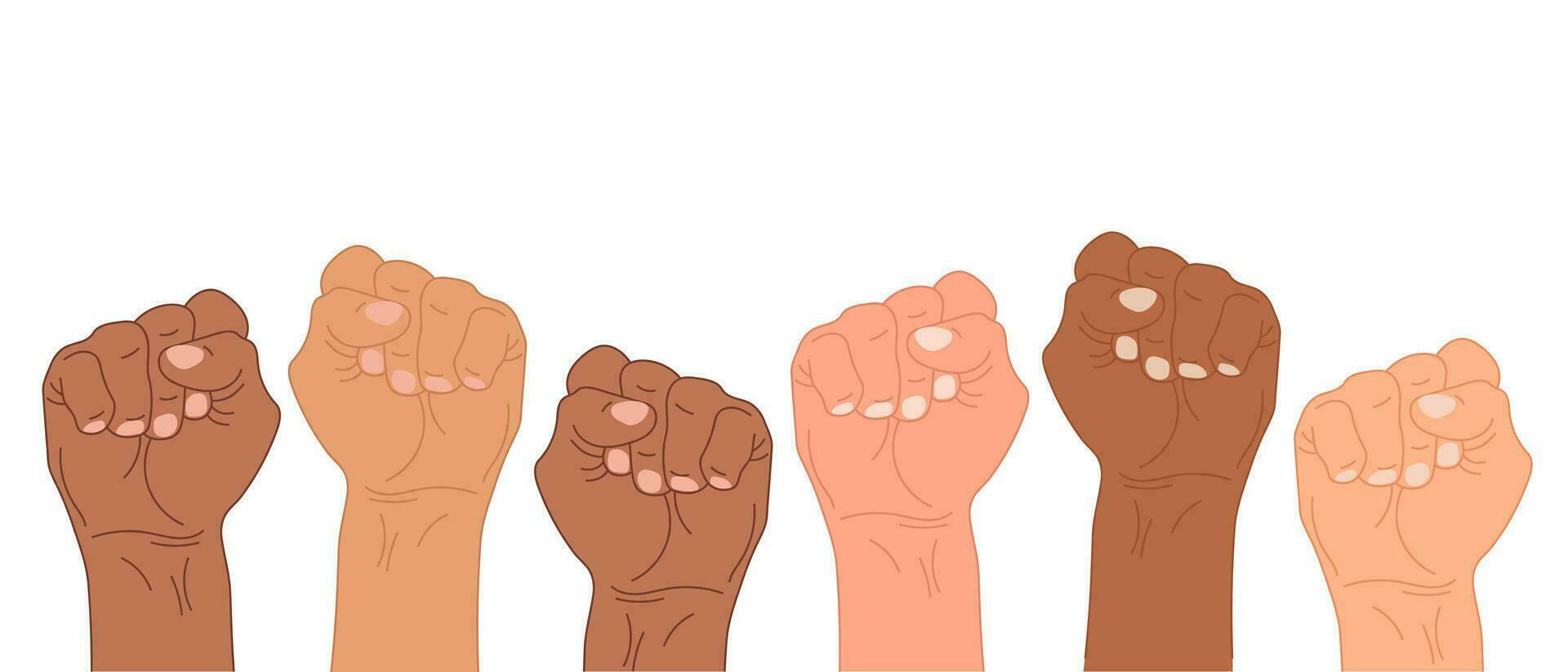 Raised fists, hands of different skin colors. Protest concept. Illustration, vector