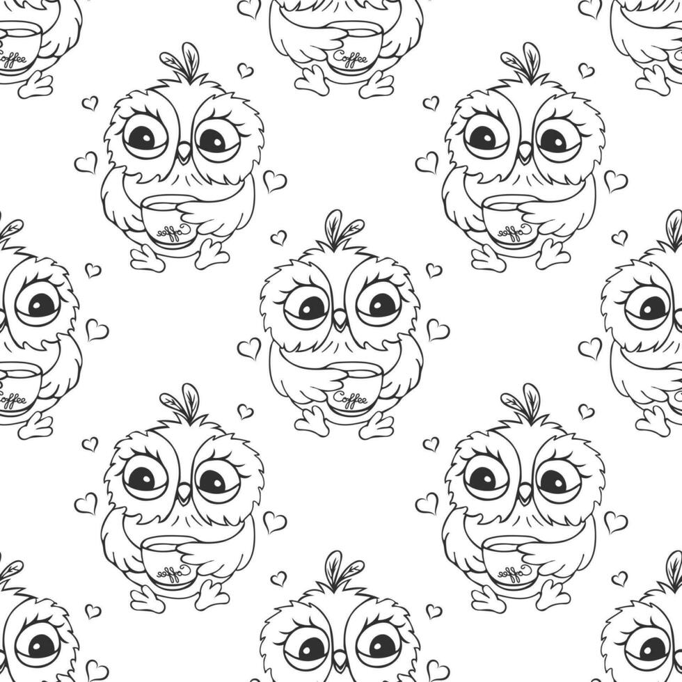 Seamless pattern, cute owl character, owl chick. Outline drawing, sketch. Black and white print, background, textile. Vector