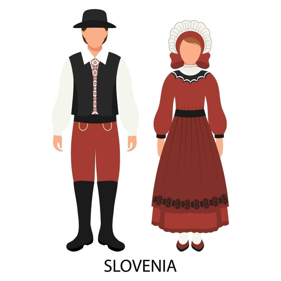 Man and woman, couple in Slovenian folk costumes. Culture and traditions of Slovenia. Illustration, vector